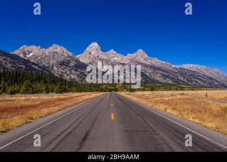 USA, Wyoming, Grand Teton National Park, Moose, Teton Range mit Teton Park Road nahe Windy Point Stockfoto