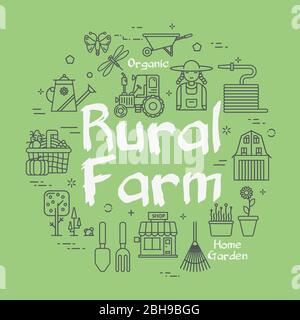 Vektor grüne Banner der linearen ländlichen Bauernhof Konzept Stock Vektor