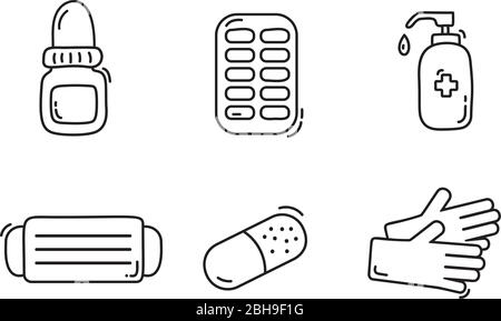 Satz von Symbolen medizinische Symbol Spezialisierung. Gesichtsmaske, Pillen, flüssige Handseife, medizinische Handschuhe, Medizinflasche Design-Element. Medizinisches Konzept gemacht Stock Vektor