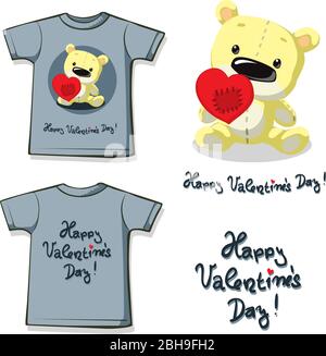 Lustige valentine Shirt Druck mit Teddybär hält ein geflicktes Herz - flaches Design Vektor Illustration Stock Vektor