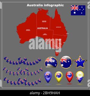 Helle Karte von Australien. Karte von Australien Grafik auf grauem Hintergrund. Abbildung mit Karte, Flagge, Schaltflächen und Navigations-Webschaltflächen festlegen. Abbildung. Stockfoto