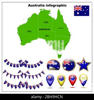 Helle Karte von Australien. Karte von Australien Grafik auf weißem Hintergrund. Abbildung mit Karte, Flagge, Schaltflächen und Navigations-Webschaltflächen festlegen. Stockfoto