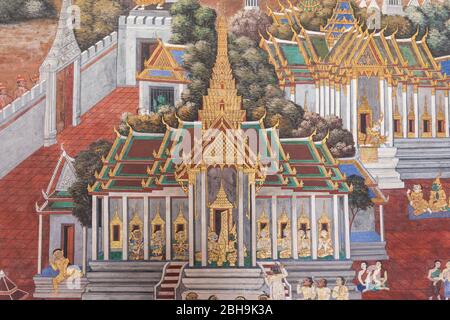 Thailand, Bangkok, Ko Ratanakosin, Wat Phra Kaew, Tempel des Goldenen Buddha, Detail der Ramakan Wandmalereien Stockfoto