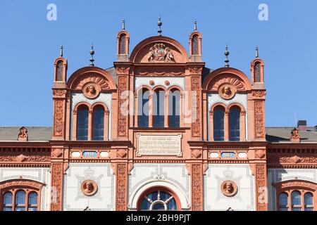 Dekorierter Dachgiebel, Hauptgebäude der Universität am Universitätsplatz, Rostock, Mecklenburg-Vorpommern, Deutschland, Europa Stockfoto