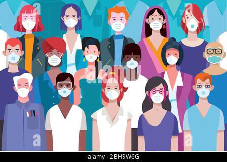 Männer und Frauen verschiedener Rassen mit schützenden medizinischen Gesichtsmasken. Schutz vor der Infektion des Covid-19 Virus. Vektorgrafik. Stock Vektor
