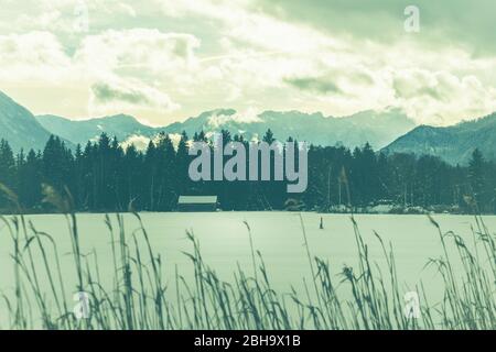 Am Tennsee bei Krün im Winter mit Blick auf das Zugspitzmassiv. Garmisch-Partenkirchen, Bayern, Deutschland. Stockfoto