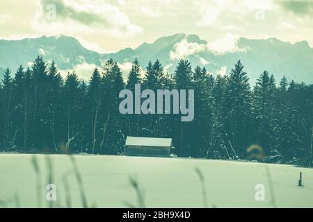 Am Tennsee bei Krün im Winter mit Blick auf das Zugspitzmassiv. Landkreis Garmisch-Partenkirchen, Bayern, Deutschland. Stockfoto