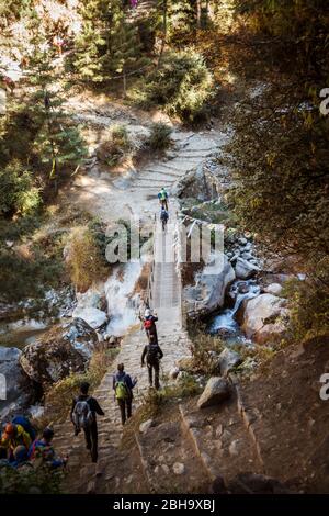 Wanderer auf einer Trekkingroute, Brücke über den Bach Stockfoto