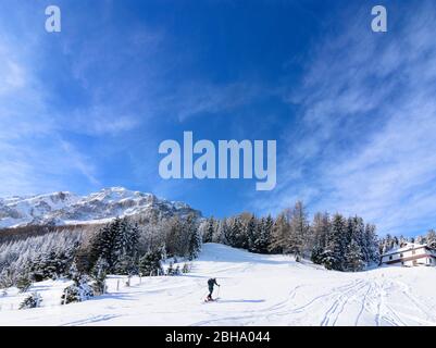 Puchberg am Schneeberg: Schneeberg Nordwand, Skitourengeher, Berghütte Edelweiss Hütte in Wien Alpen, Alpen, Niederösterreich, Niederösterreich, Österreich Stockfoto