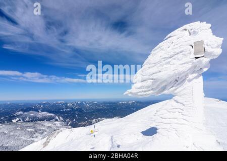 Puchberg am Schneeberg: Schneeberg, Gipfelkloster Wappen, schneebedecktes Gipfelkreuz in den Wiener Alpen, Alpen, Niederösterreich, Niederösterreich, Österreich Stockfoto