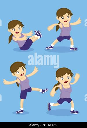 Vektor-Illustration von niedlichen sportlichen Cartoon Mädchen tun Arbeit und einfache Übungen auf blauem Hintergrund isoliert. Stock Vektor