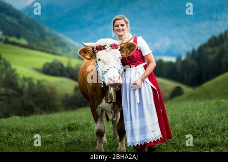 Traditionelle Almabtrieb (Rückkehr von Rindern von den Almen ins Tal im Herbst), Frau im Dirndl-Kleid mit geschmückter Kuh Stockfoto