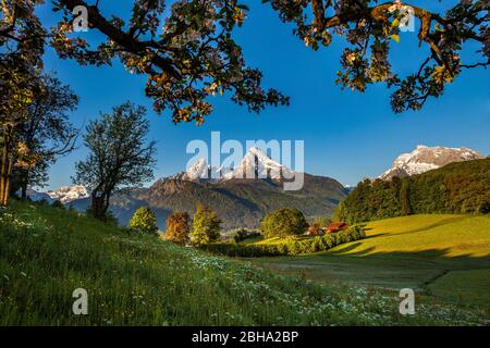 Idyllische Landschaft in den Alpen mit Watzmann und Hochkalter Stockfoto