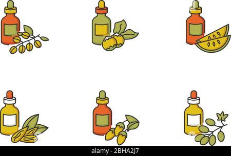 Haaröle RGB-Farbe Symbole gesetzt. Natürliche Jojoba Beauty-Produkt. Kalahari Melone Samen Essenz in Glas. Traubenkernextrakt in Behälterverpackung Stock Vektor