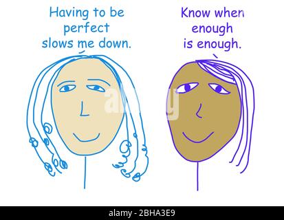 Farbe Cartoon von zwei ethnisch unterschiedlichen Frauen sprechen über die Bedeutung der nicht versuchen, perfekt zu sein. Stockfoto
