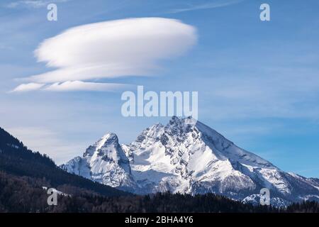 Blick auf den Watzmann in den Berchtesgadener Alpen, Berchtesgaden, Oberbayern, Bayern, Deutschland Stockfoto