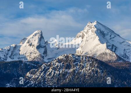 Blick auf den Watzmann in den Berchtesgadener Alpen, Berchtesgaden, Oberbayern, Bayern, Deutschland Stockfoto