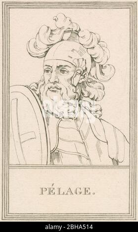 Antike Kupferstich, Pelagius von Asturien. Pelagius (c685-737) war ein iberischer westgotischer Monarch, der 718 das Königreich Asturien gründete. QUELLE: ORIGINALGRAVUR Stockfoto