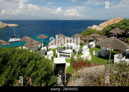 Restaurant Sea Lounge in Capo Testa in Santa Teresa Gallura, Mittelmeer, Provinz Olbia-Tempio, Sardinien, Italien Stockfoto