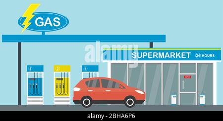 Benzin-Tankstelle, rot modernes Auto auf der Straße, Supermarkt 24 Stunden, flache Vektor-Illustration Stock Vektor