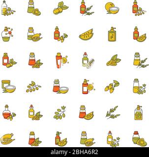 Haaröle RGB-Farbe Symbole gesetzt. Avocado natürliche Essenz. Exotischer Baobab-Extrakt für die Haarpflege. Jojobaöl. Antistatisches kosmetisches Produkt. Kalahari-Melone Stock Vektor