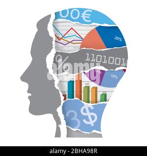 Geschäftsmann, Chaos im Kopf, wirtschaftliche Ergebnisse, Wirtschaftskrise. Ausdrucksstarke Illustration von stilisierten Papier gerissenen männlichen Kopf , Wirtschaft Charts. Stock Vektor