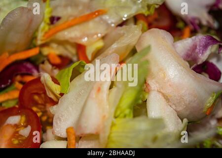 Gemüsesalat Tomaten, Zwiebeln, Salat, Karotten und Rüben in Scheiben geschnitten. Nahaufnahme. Gesunde Ernährung und Fitness-Diät Stockfoto