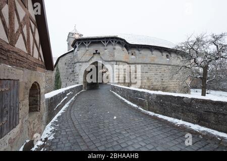 Spitalbastei in Rothenburg ob der Tauber, Winter, Schnee, Franken, Bayern, Deutschland, Europa Stockfoto