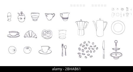 Vector Classic-Frühstück Lebensmittel-Symbol gesetzt. Realistische Gerichte, Essen Illustration in Linie Art Stil gesetzt. Elegantes Set. Speisenangebot. Oberflächenmuster. Stock Vektor