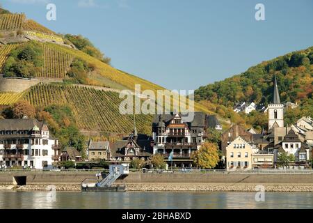 Blick auf Assmannshausen, Landkreis Bingen am Rhein, Weltkulturerbe Oberes Mittelrheintal, Hessen, Deutschland Stockfoto