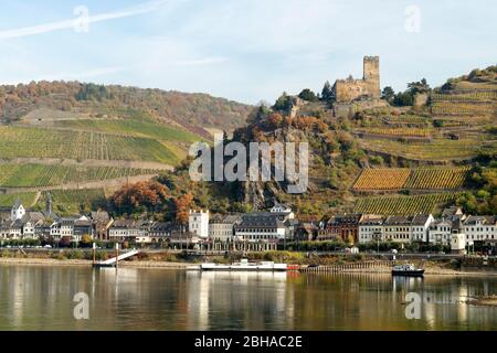 Blick auf den Rhein und das Schloss Gutenfels in Kaub, UNESCO-Weltkulturerbe Oberes Mittelrheintal, Rheinland-Pfalz, Deutschland Stockfoto