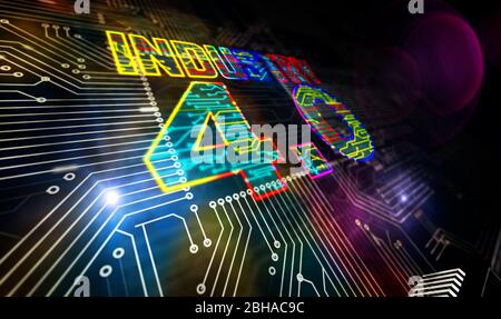 Industrie 4.0, Innovation und moderne digitale Technologie. Futuristisches Konzept CPU Produktionslinie abstrakten 3d-Rendering Illustration. Prozessor ab Werk w Stockfoto