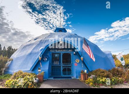 USA, Maine, Columbia Falls, Wild Blueberry World Shop und Zeichen, Maine Blaubeeren sind weltberühmt Stockfoto