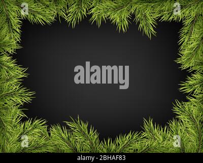 Luxus Einladung Poster Rahmen aus Kiefer, Tanne, Fichte Zweige für eine Weihnachtsfeier auf schwarzem Hintergrund. Vorlage für den Feiertag. EPS 10 Stock Vektor