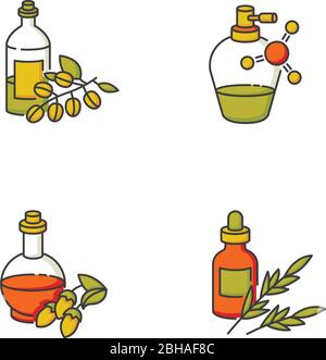 Haaröle RGB-Farbe Symbole gesetzt. Bio Jojoba-Essenz für gesunde Ernährung. Keratin Formel für glattes und glattes Haar. Rosmarin Kräuterextrakt Stock Vektor