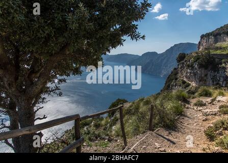 Der Weg der Götter: Sentiero degli Dei. Unglaublich schöner Wanderweg hoch über der Amalfitana oder Amalfi Küste in Italien, von Agerola nach Positano. März 2019. Pfad mit Meerblick Stockfoto