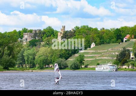 Dresden: Schlösserl Elbschlösser, Albrechtsschlösser, Schloss Albrechtsberg, Lingnerschloss (Villa Stockhausen), Schloss Eckberg, Elbe, Surfer, Ausflugsschiff in Loschwitz, Sachsen, Sachsen, Deutschland Stockfoto