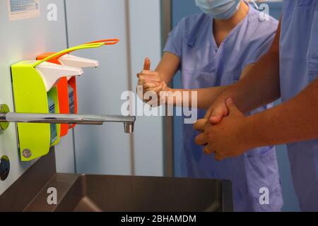 Desinfektion der Hände vor der Operation, Tschechische Republik Stockfoto