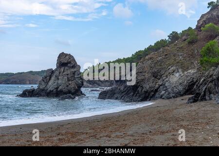 Europa, Spanien, Katalonien, Costa Brava, Llancà, Platja de Garbet, Blick vom Strand Platja de Garbet zwischen Colera und Llancà Stockfoto