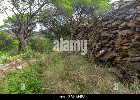 Europa, Spanien, Katalonien, Costa Brava, Trockenbau mit Markierung des GR92 im Naturpark Cap de Creus Stockfoto
