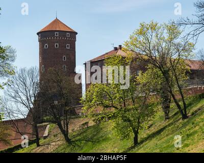 Sandomierska Turm von Wawel Schloss, ehemalige königliche Residenz. Berühmte touristische Attraktion in Krakau, Polen. Der Turm wurde um 1460 erbaut. Stockfoto