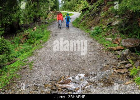 Europa, Österreich, Tirol, Neustift im Stubaital wandern Mutter und Sohn auf einem Waldweg den Wilden-Wasser-Weg Stockfoto