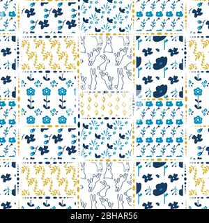 Schöne Kaninchen in Herzen und Blumen. Süßes, kindisches, nahtloses Muster im Cartoon-Stil. Stock Vektor