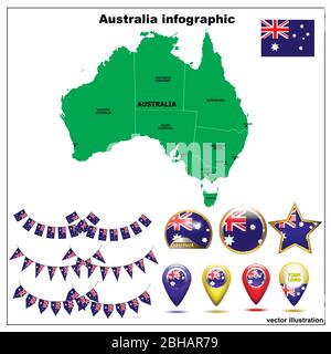 Helle Karte von Australien. Karte von Australien Grafik auf weißem Hintergrund. Abbildung mit Karte, Flagge, Schaltflächen und Navigations-Webschaltflächen festlegen. Stock Vektor