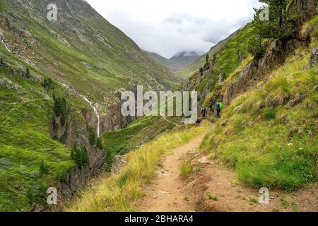 Europa, Österreich, Tirol, Ötztal Alpen, Vent, Wanderer auf einem schmalen Weg im Rofental im Aufstieg zum Hochjochhospiz Stockfoto