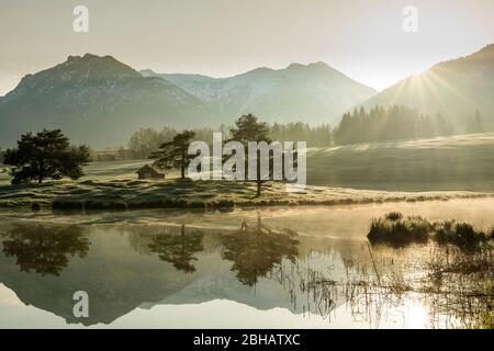 Goldenes Morgenlicht am Ufer des Schmalensees, mit Spiegelung des Karwendel und der Bäume am Ufer Stockfoto