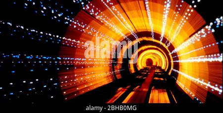 Abstrakte Lichtmuster aus dem fahrenden Zug, dem Bund Tourist Tunnel, Shanghai Province, Shanghai, China Stockfoto