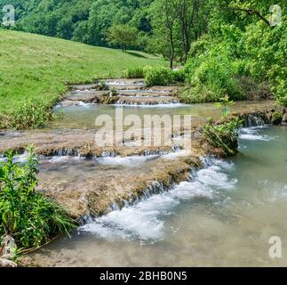 Deutschland, Baden-Württemberg, Lenningen-Gutenberg, Kalksteinsinterrassen im Donntal bei Gutenberg im Biosphärenreservat Schwäbische Alb Der Donnbach liegt im Naturschutzgebiet Oberes Lenninger Tal. Stockfoto