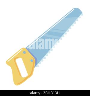 Symbol für den Sägezeichentrickfilm Flache Handsäge auf weißem Hintergrund. Hacksäge Vector isolierte Objekt Tischlerei Werkzeug Clipart zum Sägen von Holz. Einfaches Illustrationselement. Stock Vektor