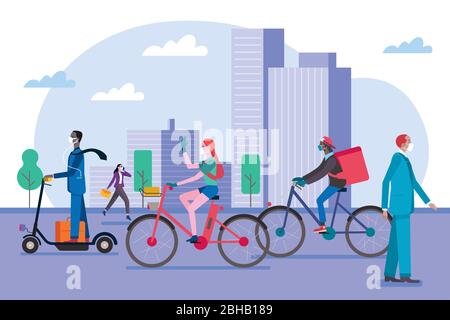 Menschen, die laufen, Fahrrad fahren und Roller, tragen Masken in der Stadt, um sich vor Viren zu schützen. Vektorgrafik. Stock Vektor